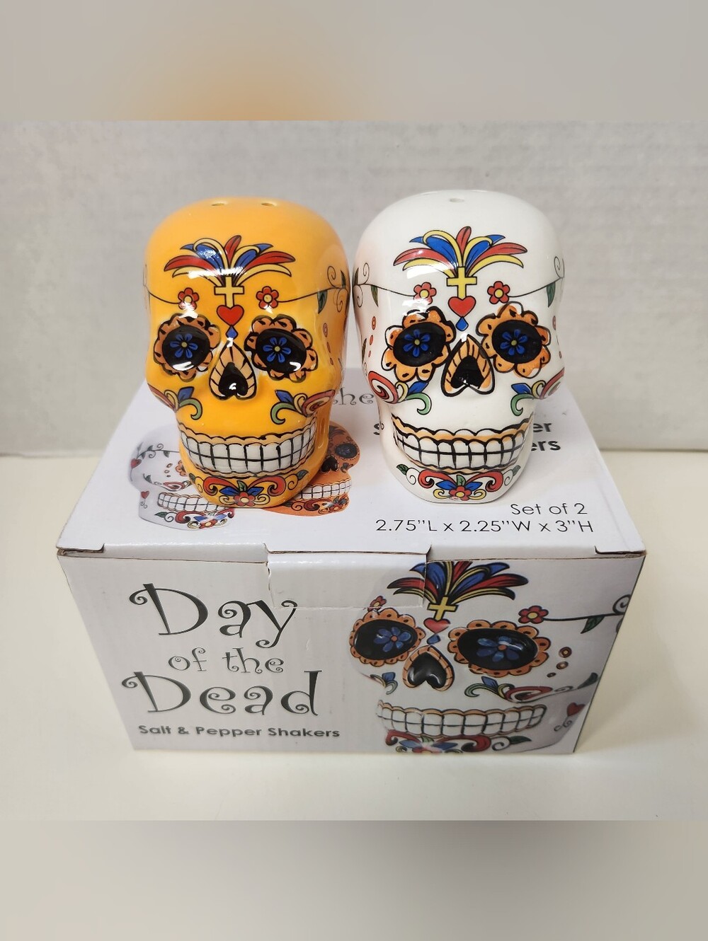 Ceramic Day of the Dead Yellow & White Sugar Skull Salt and Pepper Shaker Set